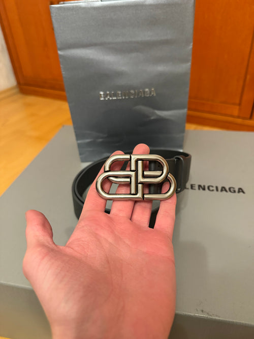 Balenciaga BB Logo Leather Belt Fossil Grey