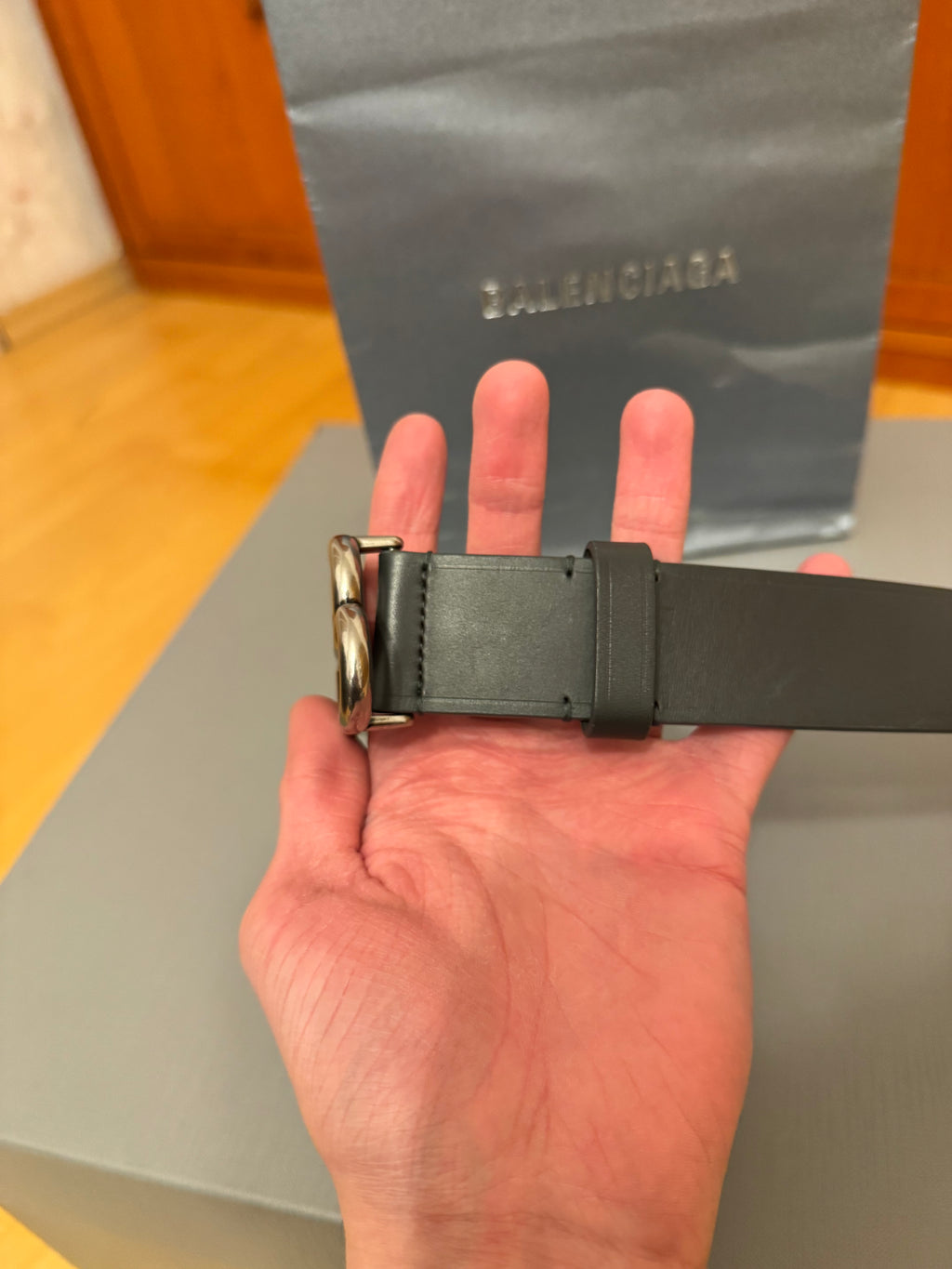 Balenciaga BB Logo Leather Belt Fossil Grey