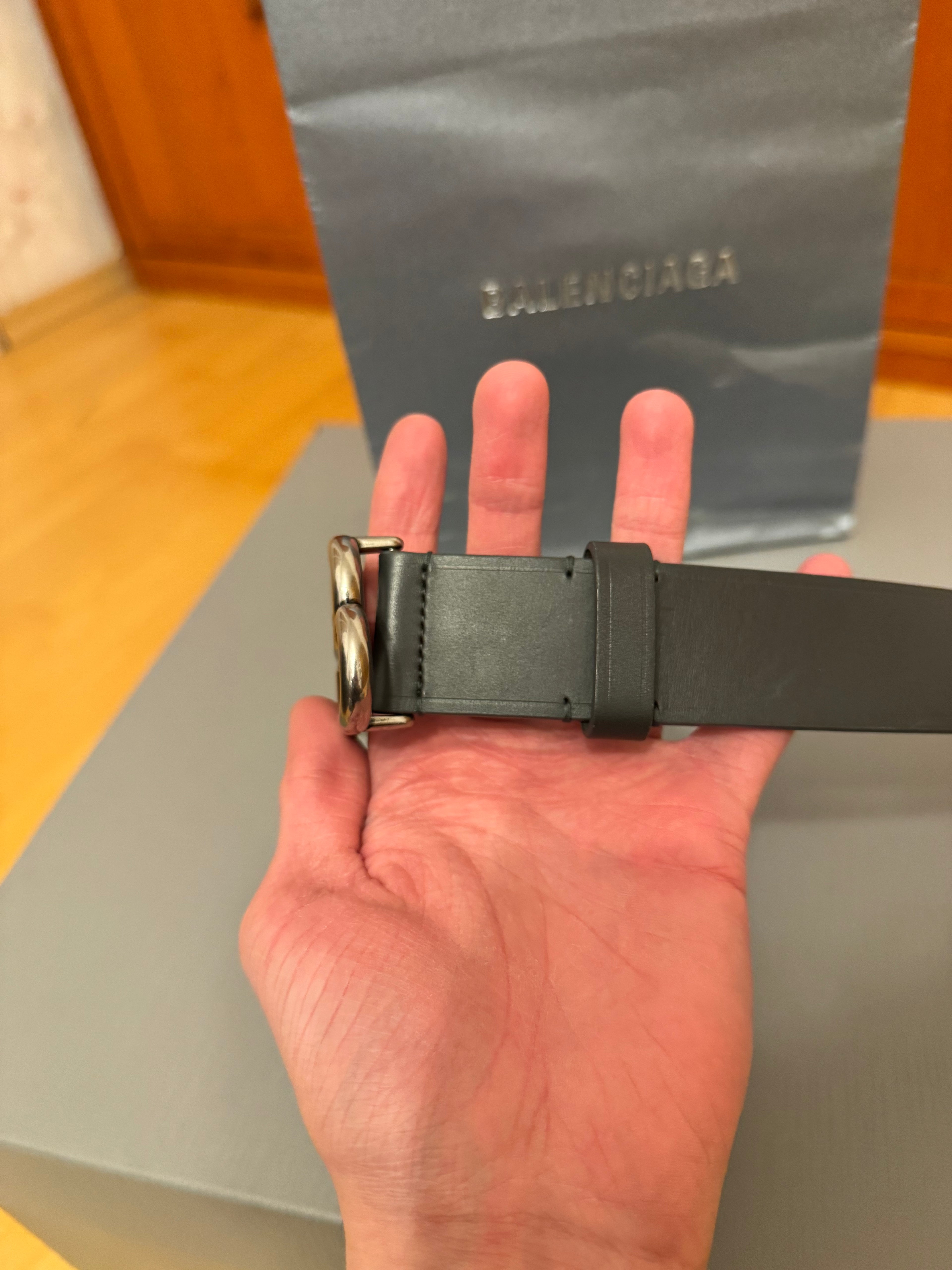Balenciaga BB Logo Leather Belt Fossil Grey