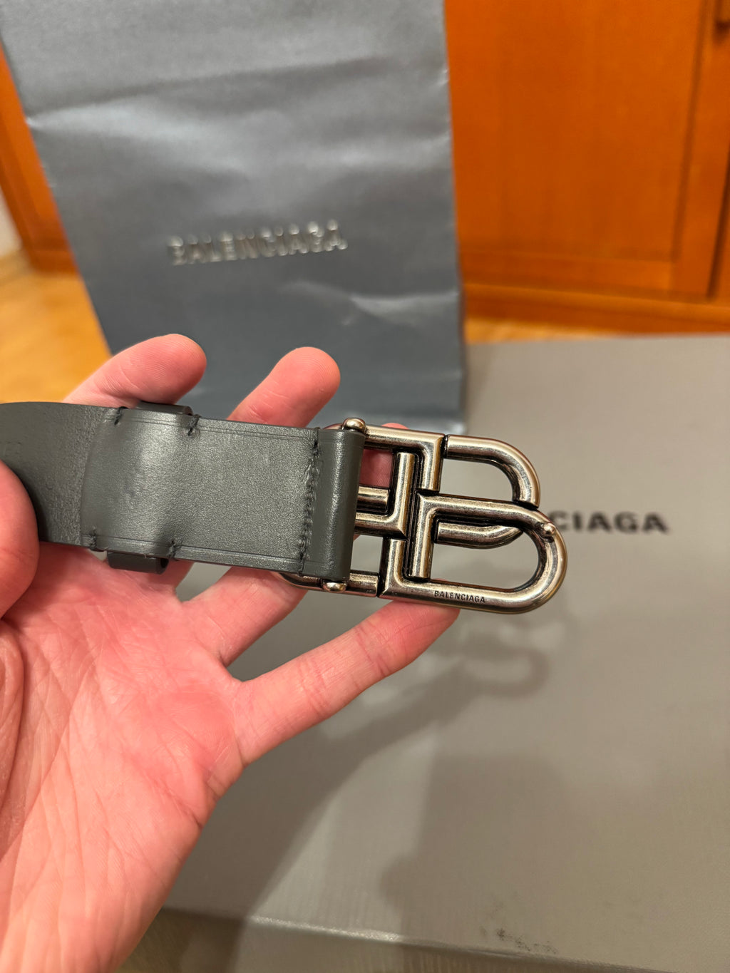 Balenciaga BB Logo Leather Belt Fossil Grey