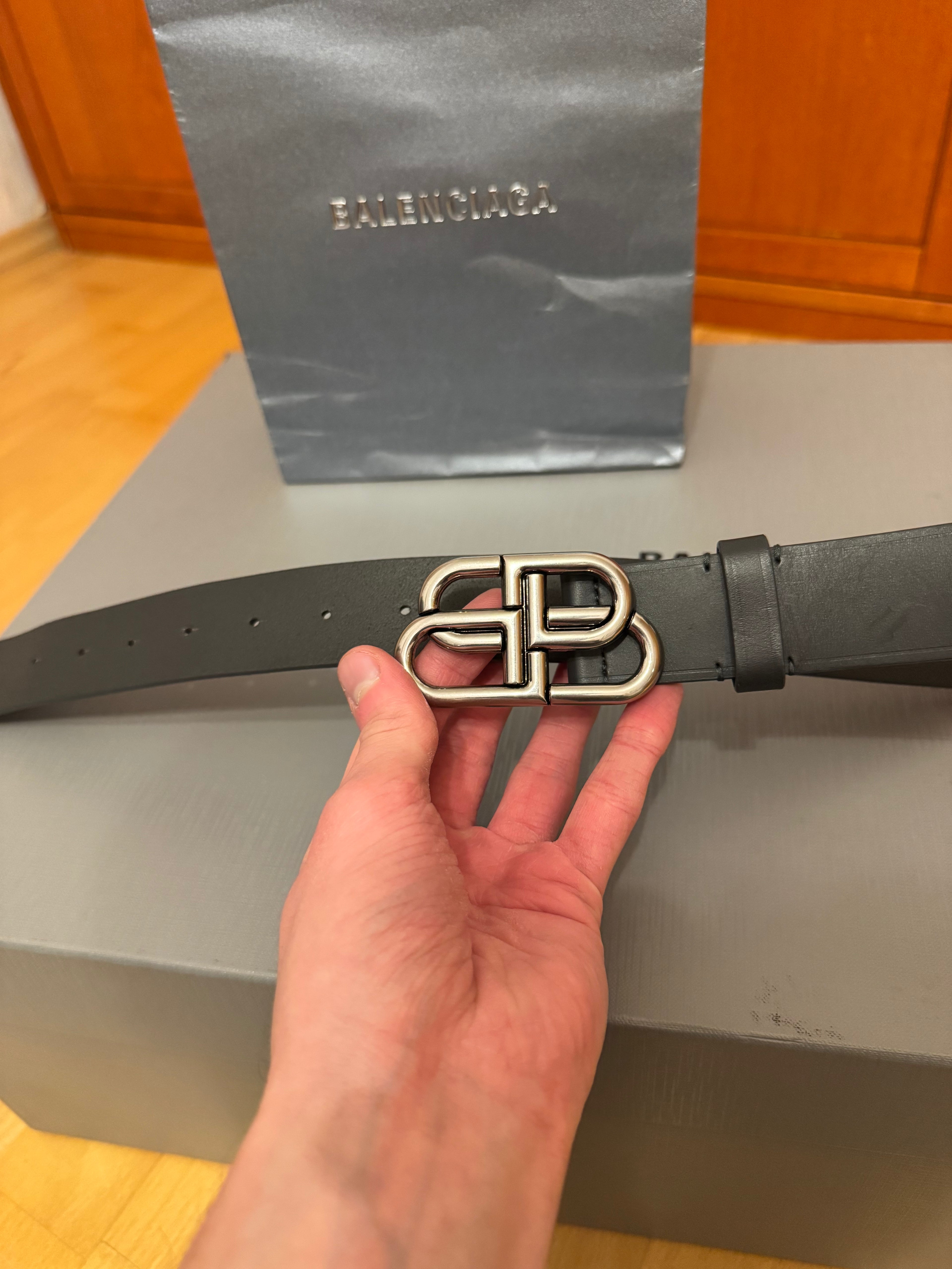 Balenciaga BB Logo Leather Belt Fossil Grey