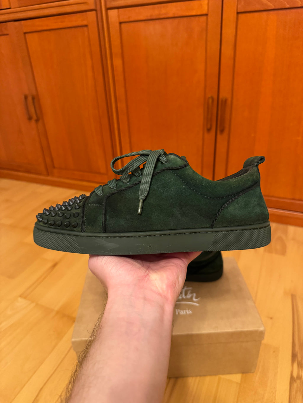 Christian Louboutin Louis Junior Spikes Suede Forest Green