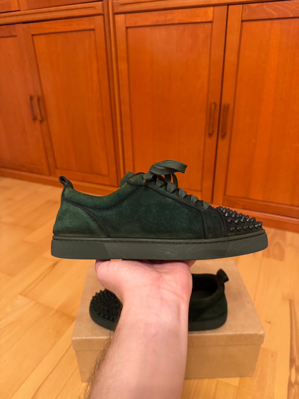 Christian Louboutin Louis Junior Spikes Suede Forest Green