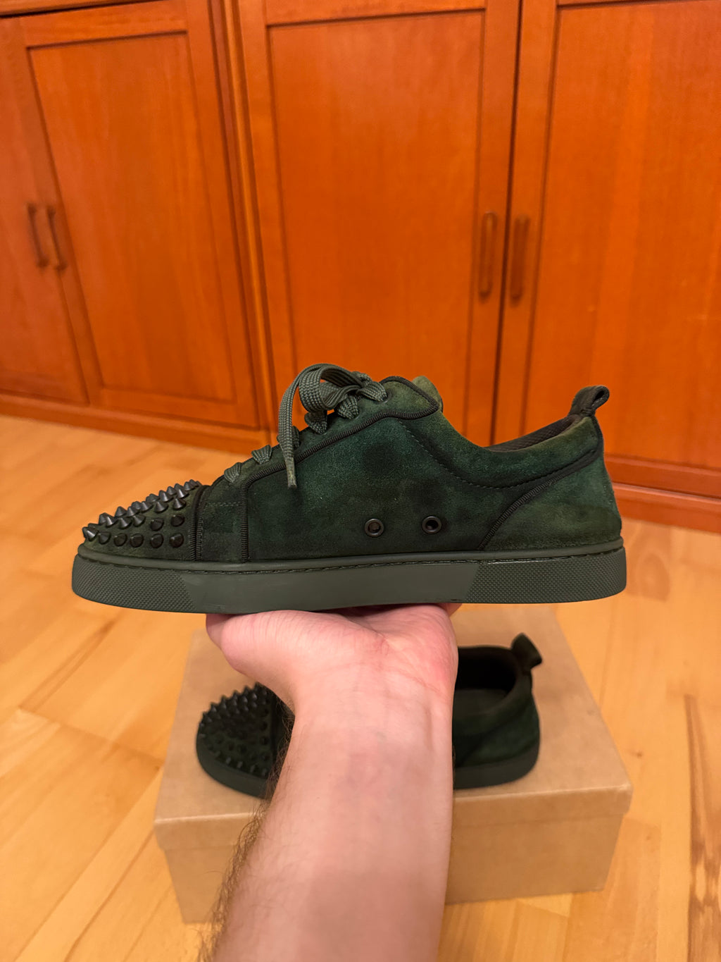 Christian Louboutin Louis Junior Spikes Suede Forest Green
